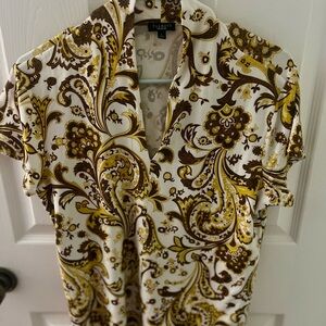 Talbots Women’s Sz Large Top Paisley White, Brown & Yellow, V Neck